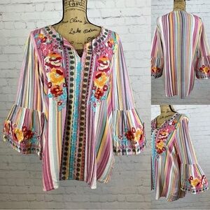 Andre’ Striped Embroidered Bell Sleeve Pullover Top